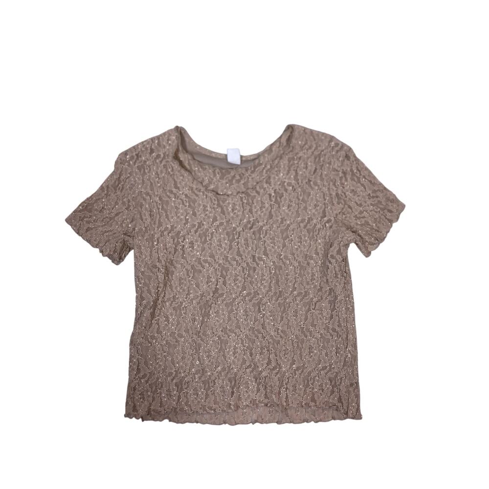 VTG Women’s XL Cropped Lace Sheer Top Tan Mesh Short Sleeve Boho Romantic Blouse